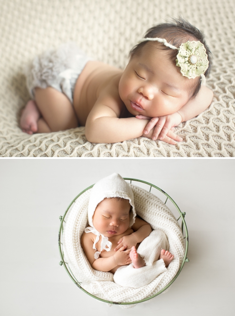 newborn baby in a basket with white